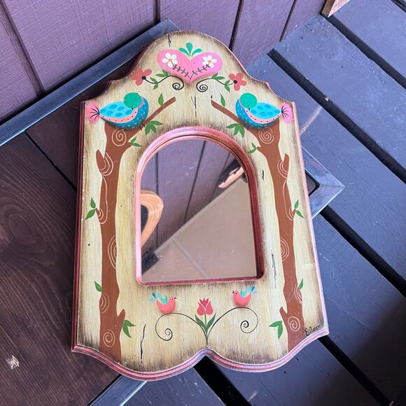 Retro Cottage Style Wood Framed Wall Mirror Hand Painted Bluebirds Folk Art - Picture 3 of 9